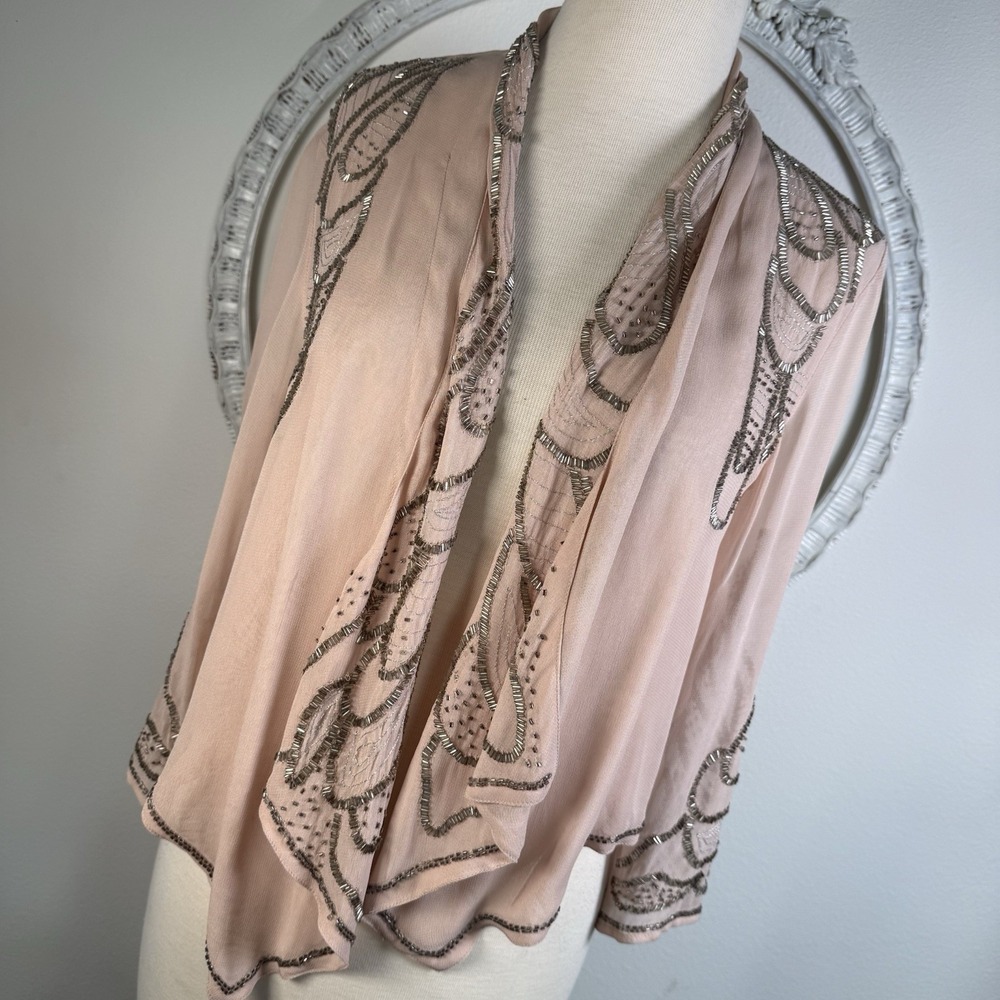 Vtg Willis Womens Beaded Sheer Chiffon Pink Short Jacket Party Formal Glam S